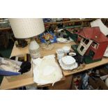 Two trays inc. vintage christening gown, a Grafton tea service, lamp etc; tog. with a dolls house (