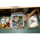 Three boxes inc. studio pottery vases and jugs, green glass stemmed drinking glasses, 19th century