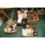 Three boxes of stuffed toys, board games etc; tog. with a box of miscellaneous ceramics