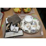 A tray inc. Aynsley, Johnson Bros plate, costume jewellery, vintage beadwork evening bag, watches
