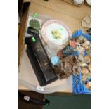 A Japanese glove box; tog. with two religious icons, a pair of plates, jadeite pendant and an owl