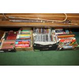 Four boxes of books and CDs inc. sport reference, quiz books etc