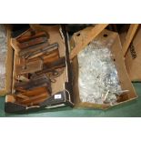 A box of vintage wooden joiners planes, tog. with a box of drinking glasses