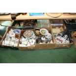 Four boxes inc. a large quantity of Royal commemorative mugs, Continental figures etc