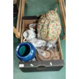 A box inc. D Dinis studio pottery vase, soap dispenser, Chinese porcelain tea set and a tea cosy