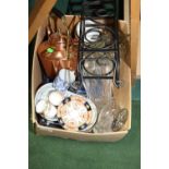 A box inc. copper and brass kettle, silver plate cruet set, wine rack etc