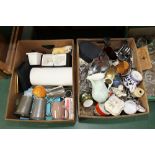 Two boxes inc. lustre ware jug, silver plate tankard, drinking glasses etc