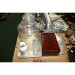 A tray inc a 19th century bell-form cloche and other glass, jewellery box, Aynsley Wild Tudor