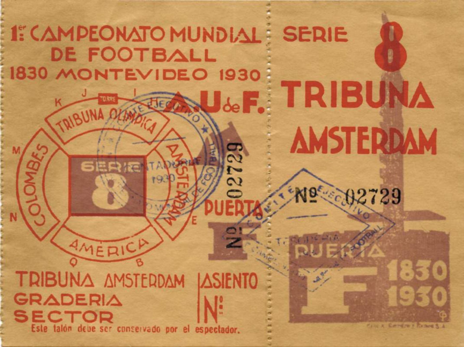 World Cup 1930. Original Final Ticket - "1er Campeonato Mundial Montevideo 1930 Serie 8" Argentina v