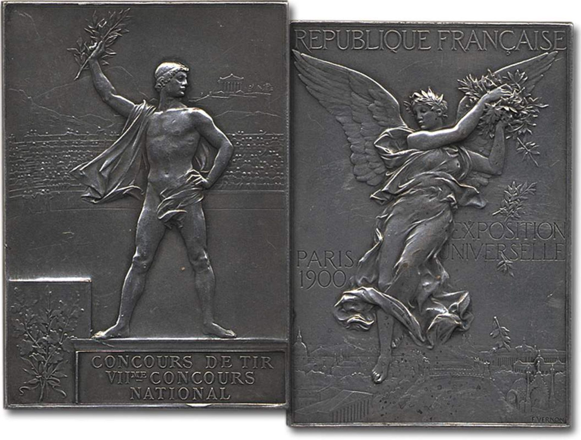 Olympic Games 1900. Winner´s Medal Shooting - The front shows Republic Francaise. Exposition