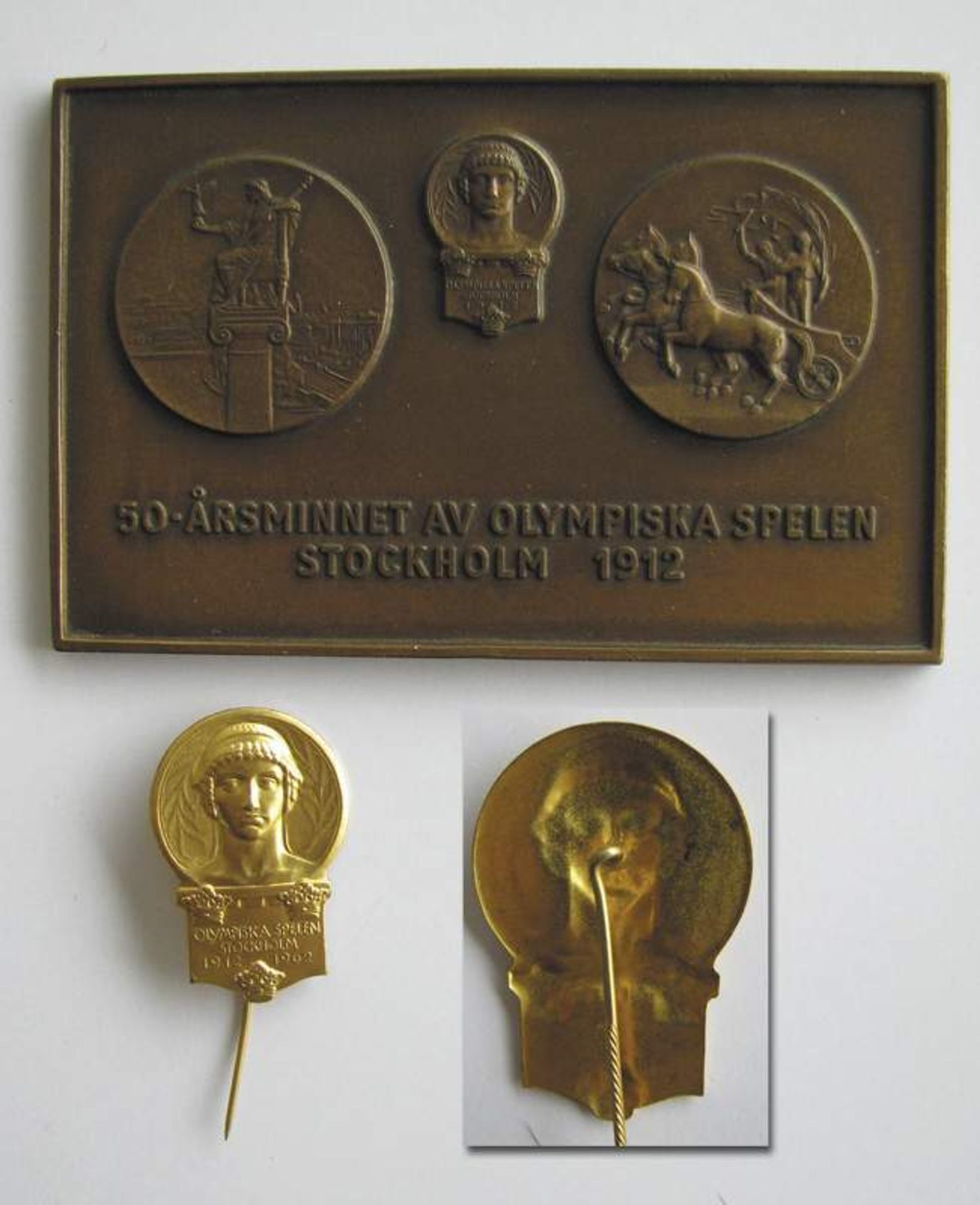 Olympic Games 1912. 50th anniversray plaque + Pin - Olympics Stockholm 1912, large bronze plate 