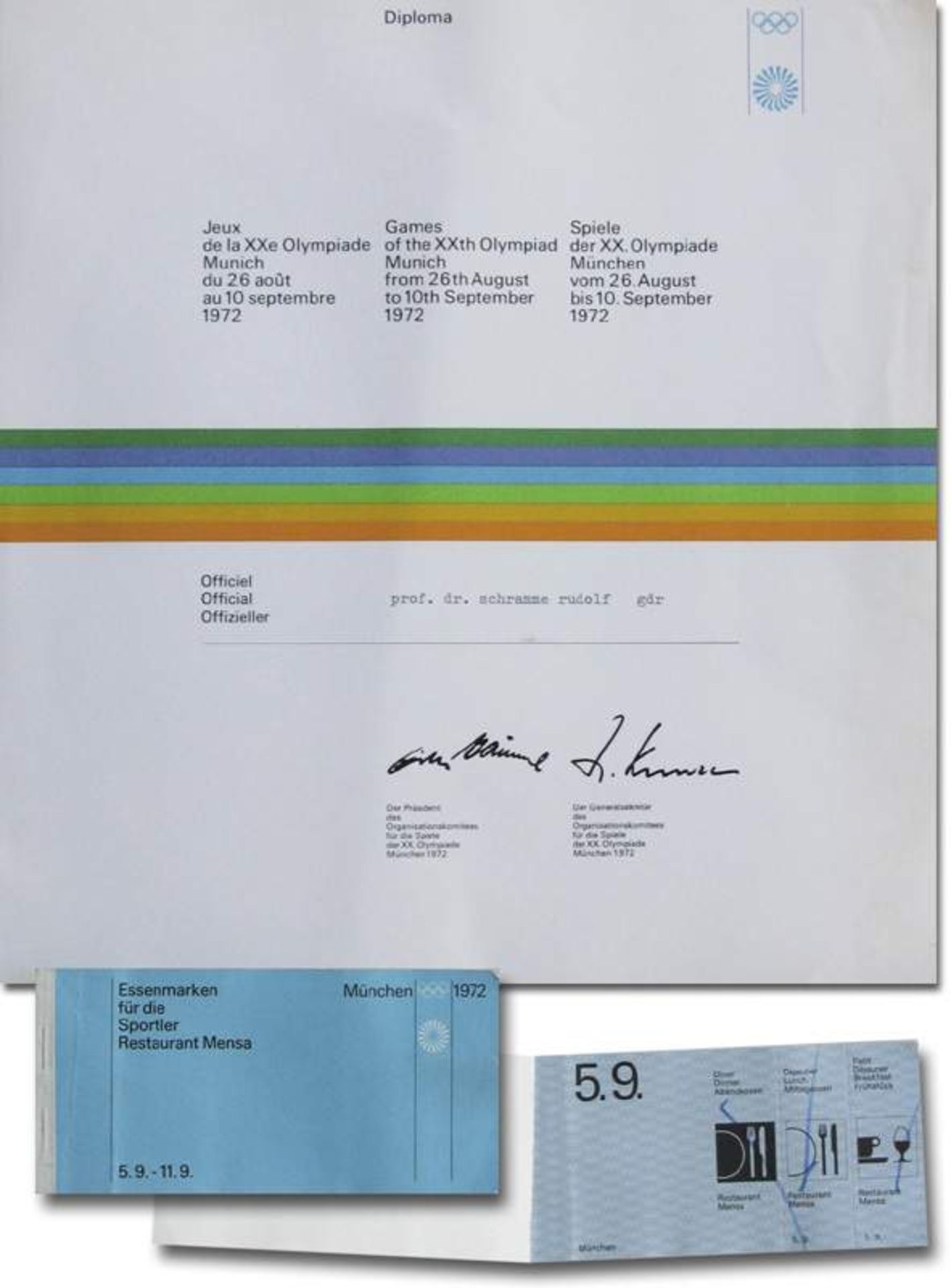 Olympic Games Munich 1972. Participation diploma - For officials. Dilpoma for GDR Swimming Coach