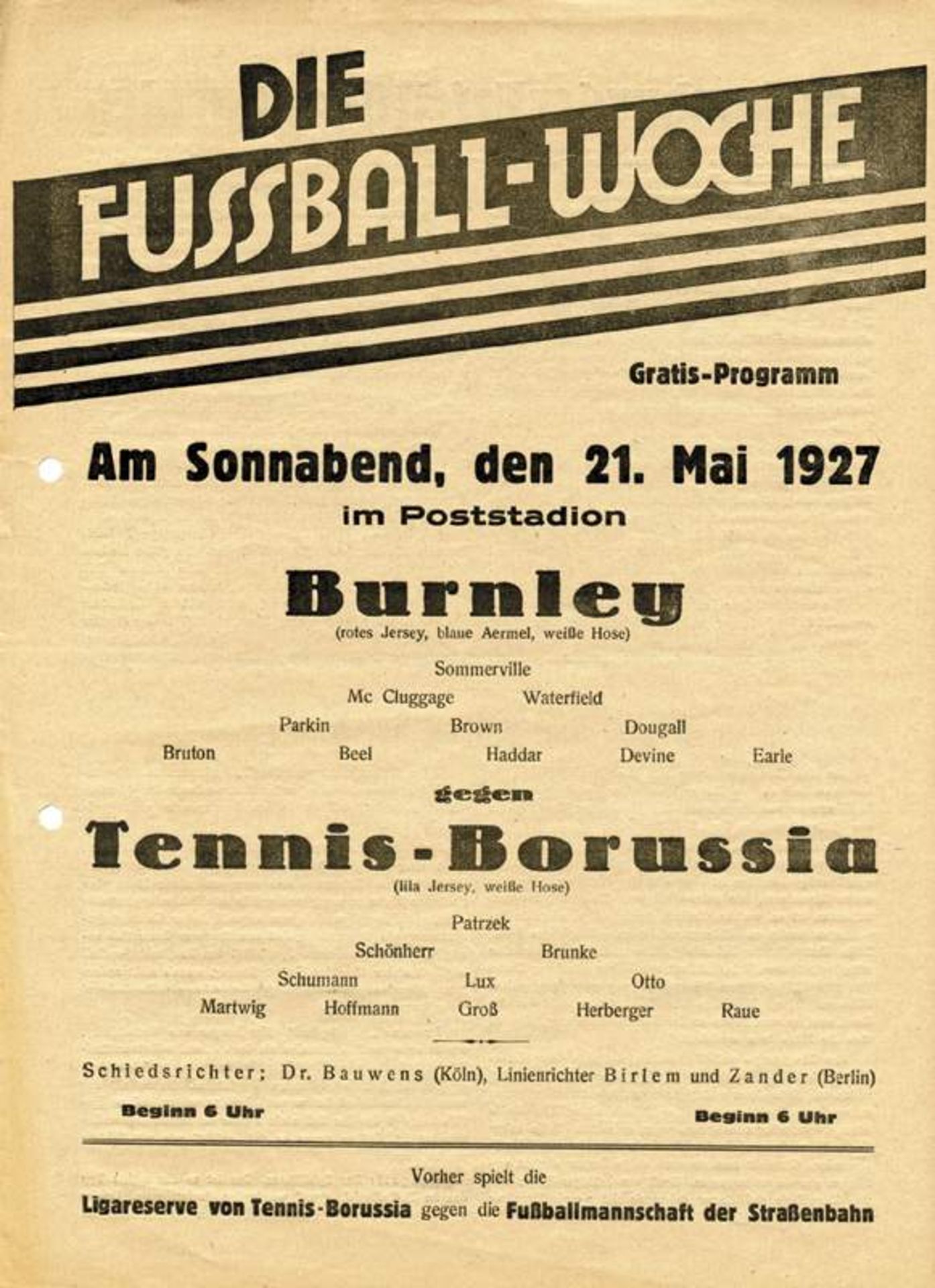 Football Programm 1927 Burnley FC v Berlin - Football programme Tennis-Borussia Berlin v Burnley