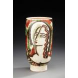 RENE BUTHAUD (1886 - 1986) Vase tubulaire en céramique émaillée blanche craquelée à décor de deux