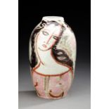 RENE BUTHAUD (1886 - 1986) Vase ovoïde en céramique émaillée blanche craquelée à décor de deux