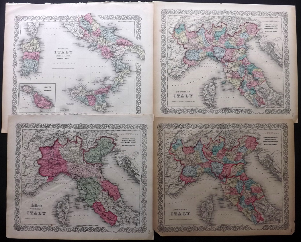 Italy C1860 Group of 4 Hand Coloured Maps by Colton & Johnson "Southern Italy" and "Northern