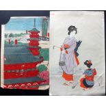 Japanese Woodblock Prints (2) C1900 "Merchant's Daughter of the Present" by Shodo Yukawa, plus one