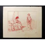 Pen & Ink Genre Scene, 1928. Signed.  Paper laid on Mount Board, signed lower right. Dated 1928 on