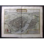 Braun, Georg & Hogenberg, Franz C1572 Hand Coloured Birds Eye View of Frankfurt, Germany "Civitas