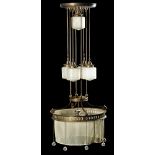 Lámpara decó de metal y cuatro globos de cristal, años 20 - 30 Medidas: 130 x 70 cms.Salida (