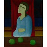 JOAN BROTAT (Barcelona, 1920-1999) “Mujer con tres manzanas”, 1969 Óleo sobre lienzo. 73 x 60 cms.