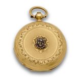 Reloj saboneta de bolsillo cazador c.1880_ E. Cottel_. En oro de 18K. Esfera en porcelana blanca con