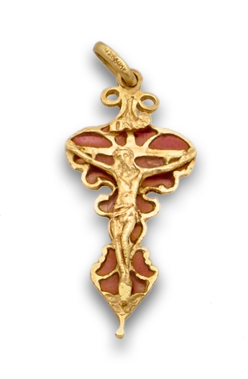 Crucifijo de oro y esmalte de pp.s XX  Con marco calado y fondo de esmalte “pliqué à jour” color