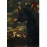 ESCUELA ITALIANA, SIGLO XVII Cristo con la cruz a cuestas. Óleo sobre lienzo. 164 x 11,5 cms. Con