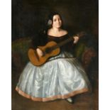 ESCUELA ESPAÑOLA, SIGLO XIX Retrato de mujer joven tocando la guitarra sentada en un sofá