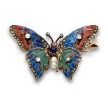 Elegante broche mariposa de pp s.XX con esmalte pilqué à jour en tonos rubi,zafiro y esmeralda. En