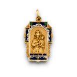 Medalla colgante años 30 con Virgen con el Niño en oro mate, en marco de esmaltes pliqué à jour y