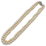 Collar de dos hilos de perlas cultivadas de tamaño creciente,con cierre de brillantes y platino.