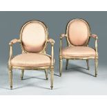 Pareja de sillones Luis XVI lacados y tapizados en seda rosa. Trabajo francés, h. 1790. Medidas:
