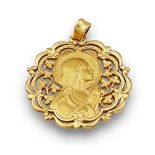 Medalla colgante de Virgen en marco calado y lobulado con flores. Peso:11 grs. Diámetro:3,4 cms.