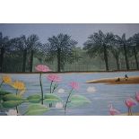 A machine tapestry wall hanging after a painting by Henri Rousseau, depicting a tropical lagoon with