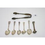 A pair of George IV Fiddle, Thread & shell pattern sugar tongs, London 1824; five odd Georgian &