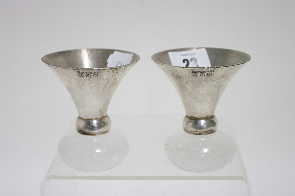 A pair of Ravissant 925 trumpet-shaped pricket candlesticks on rock crystal squat round bases; 3” - Image 3 of 3
