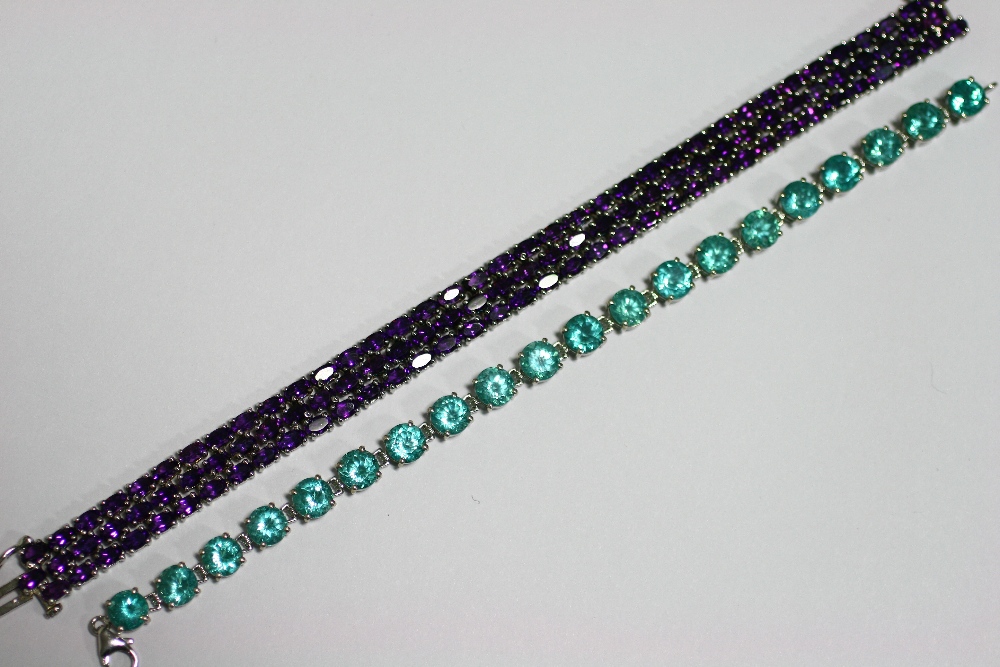 An amethyst articulated bracelet set numerous small stones; & another set pale turquoise stones.