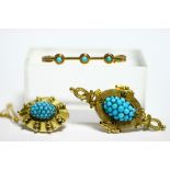 A Victorian gold oval brooch set cluster of turquoise beads, with safety chain; a similar oval