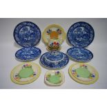 Nine items of Clarice Cliff Crocus pattern teaware; & six items of 19th century blue transfer