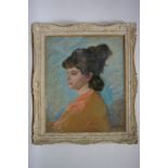 GIDDEN, J. Arthur. A head-&-shoulders portrait of a young lady, titled: “Orange & Blue”. Signed;