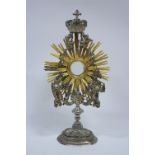 A MID-19th century BELGIAN SILVER & SILVER-GILT MONSTRANCE, the central circular glazed