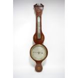 An early 19th century banjo barometer in marquetry inlaid case, the 8" diam. silvered dial