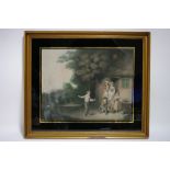 A pair of late 18th century mezzotint engravings of cottage scenes, in verre-eglomisé mounts; 17”