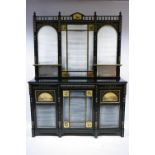 A VICTORIAN AESTHETIC STYLE SIDE CABINET, the tall raised back with open shelves, spindle galleries,