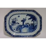An 18th century Chinese blue-&-white porcelain rectangular dish with canted corners, painted with