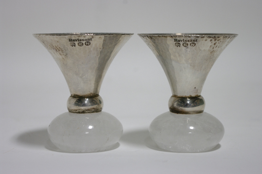 A pair of Ravissant 925 trumpet-shaped pricket candlesticks on rock crystal squat round bases; 3”