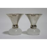 A pair of Ravissant 925 trumpet-shaped pricket candlesticks on rock crystal squat round bases; 3”