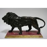 A bronze model of a walking male lion after A. L. Barye; 16" long x 8" high, on wooden base.