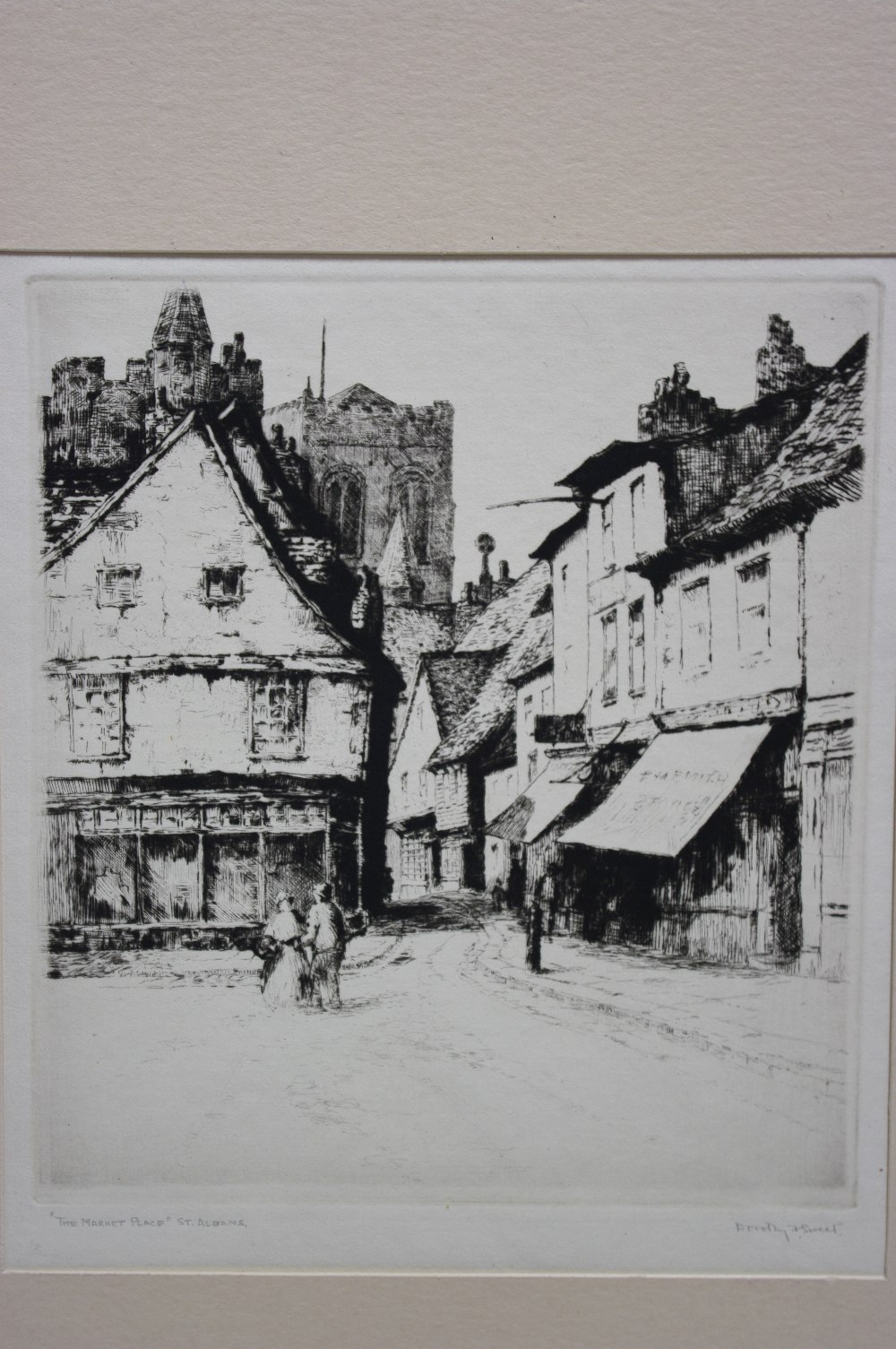 DOROTHY F. SWEET. A black-&-white etching titled: “The Market Place, St. Albans”, signed in